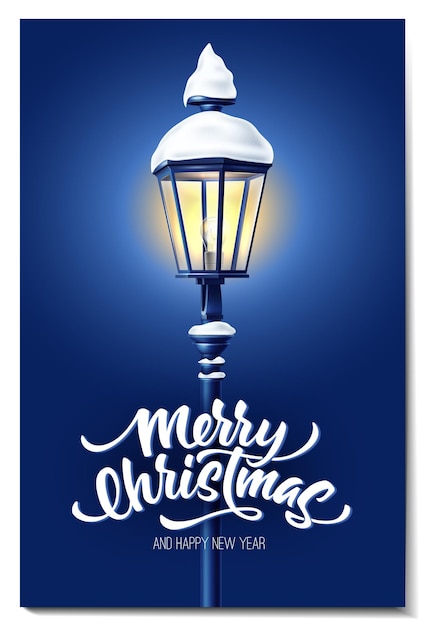 Vector realistic glowing streetlight at night with snowcaps for merry christmas