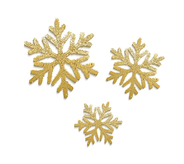 Vector realistic golden snowflakes with glittering texture. Winter holiday traditional decoration.