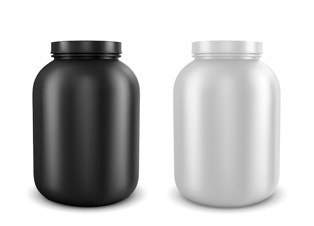 Vector realistic illustration of cans with types of sports nutrition.