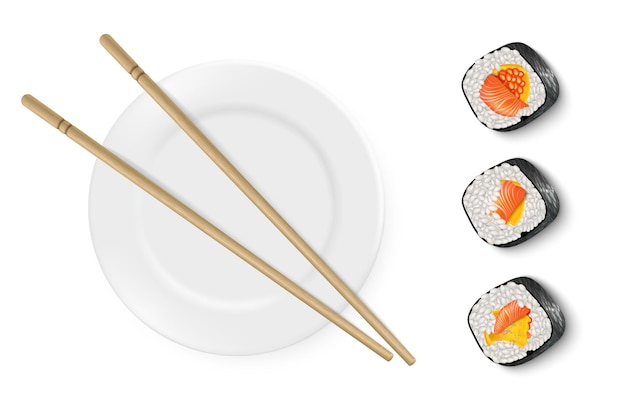 Vector realistic image of sushi with white plate and bamboo sticks Decorating a sushi restaurant Sushi advertisement