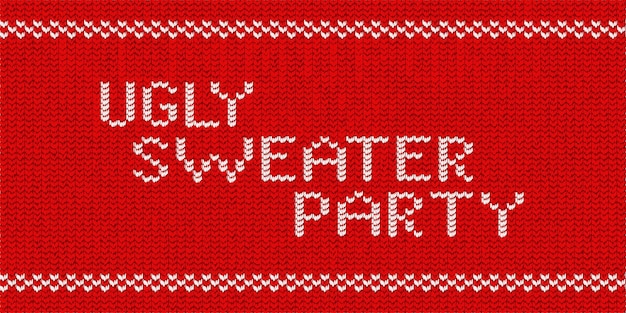 Vector realistic isolated knitted typography logo of Ugly Sweater Party for template decoration and invitation covering on the red sweater background. Concept of Happy New Year.