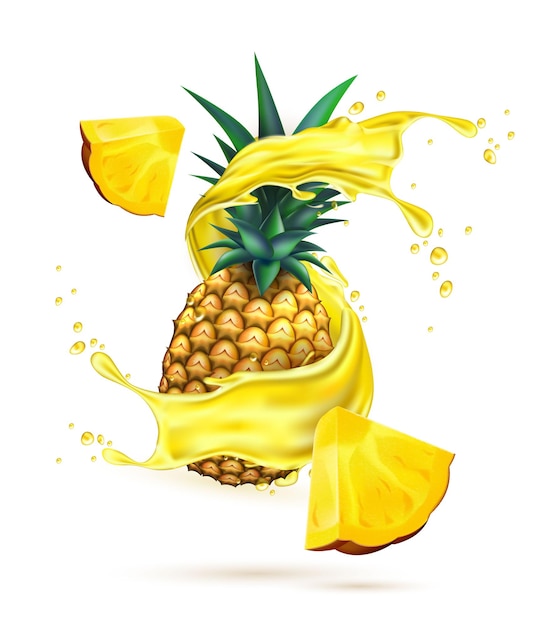 Vector realistic Juice splash with pineapple slice 3d ananas fruit liquid splashing