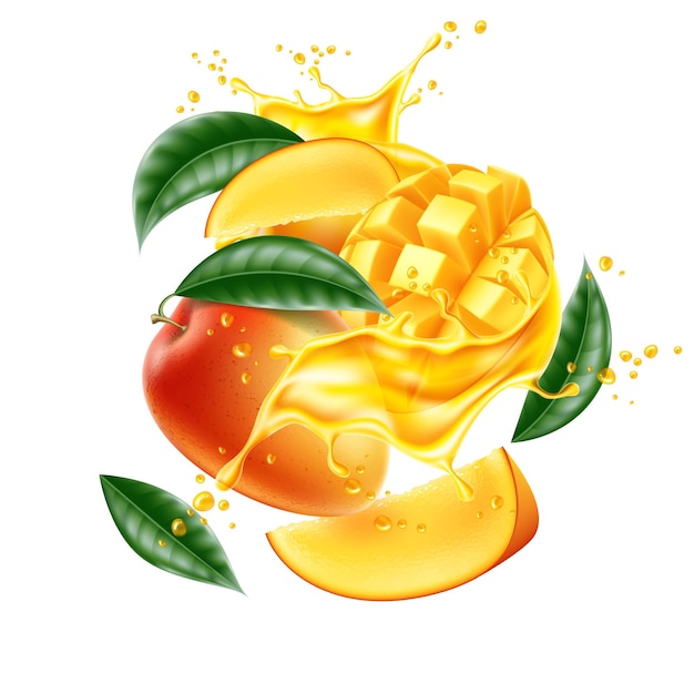 Vector realistic mango leaf slice juice splash