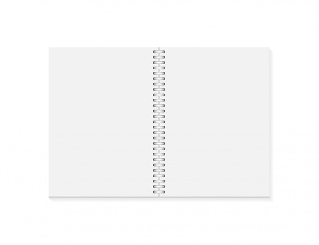 Vector realistic opened notebook. Vertical blank copybook with metallic silver spiral