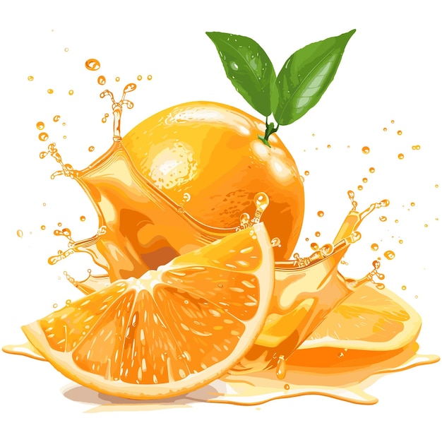 Vector realistic orange splash and fruit isolated on the background