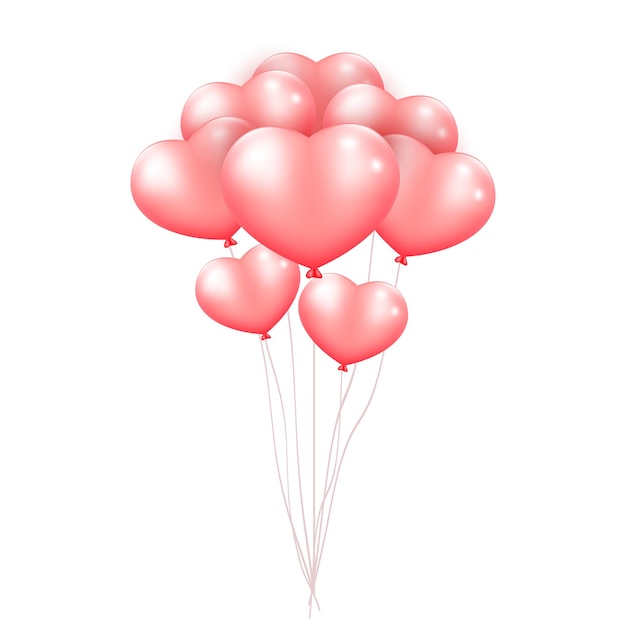 Vector realistic red 3d heart balloons isolated on transparent background air helium balloon