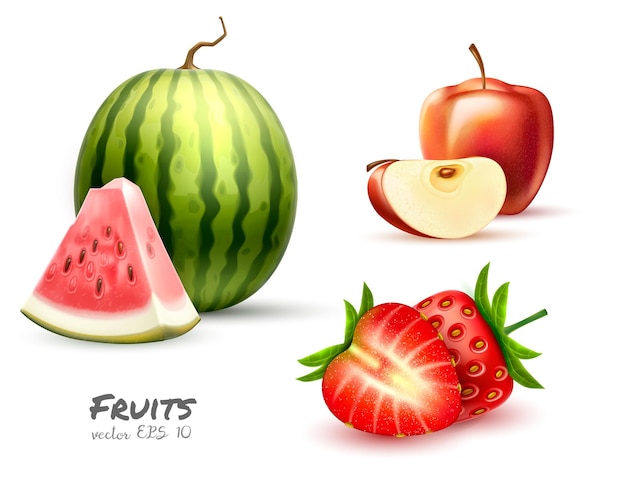 Vector realistic strawberry watermelon apple fresh berry and fruit seeds