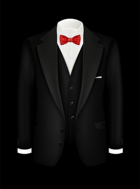 Vector vector realistic tuxedo background with bow black men's suit tuxedo with vest and white shirt illustration design of male symbols for invitations corporate parties