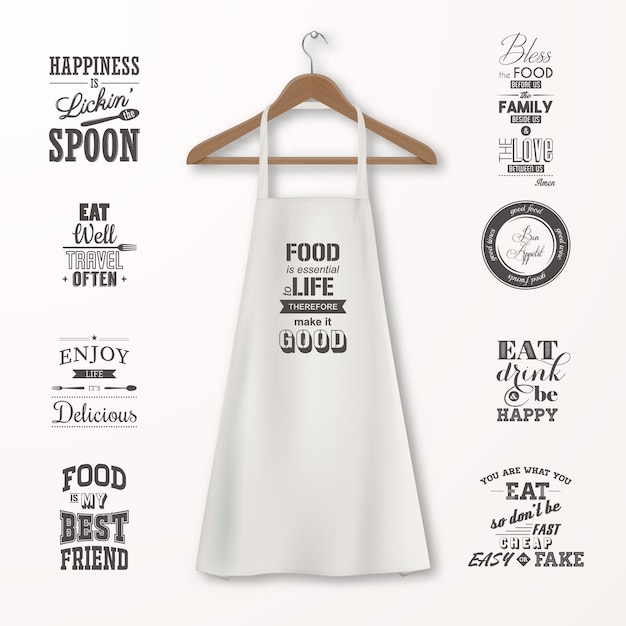 Vector vector realistic white cotton kitchen apron with clothes wooden hanger and quotes about food set closeup isolated on white. design template, mock up for branding, graphics, advertising, printing.