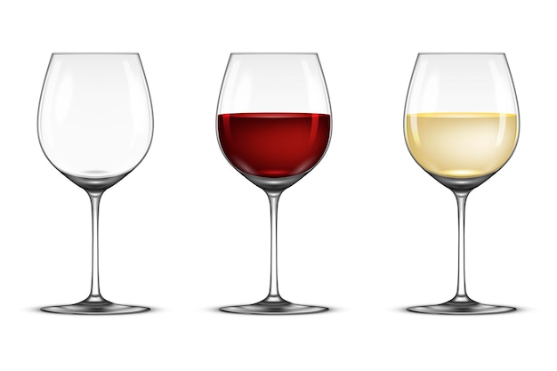 Vector realistic wineglass icon set - empty, with white and red wine, isolated on white background. Design template, EPS10 illustration.