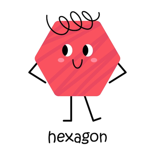 Vector red hexagon character Cute geometric figure with face blush and hair Cute funny smiling polygon shape character for kids and children design Hexagon poster for school and kindergarten