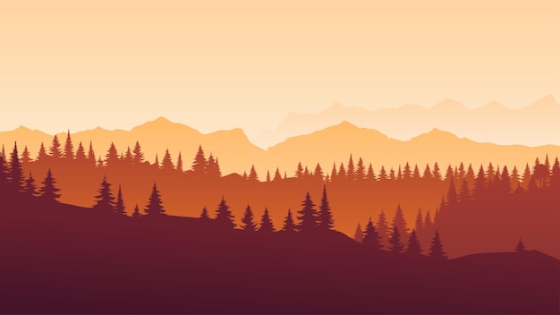 Vector red horizontal landscape with fog forest spruce fir and sunset Autumn Illustration