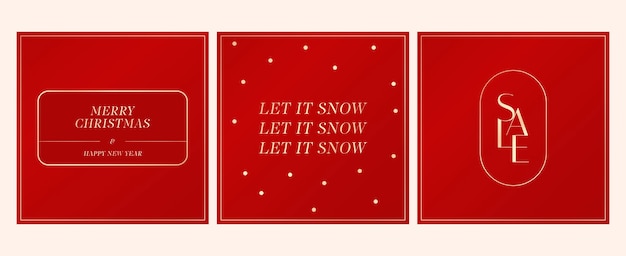 Vector red templates for Christmas cards for discounts with snow and congratulations. Gold text for New Years discount. Vector Christmas social media template in gold tones