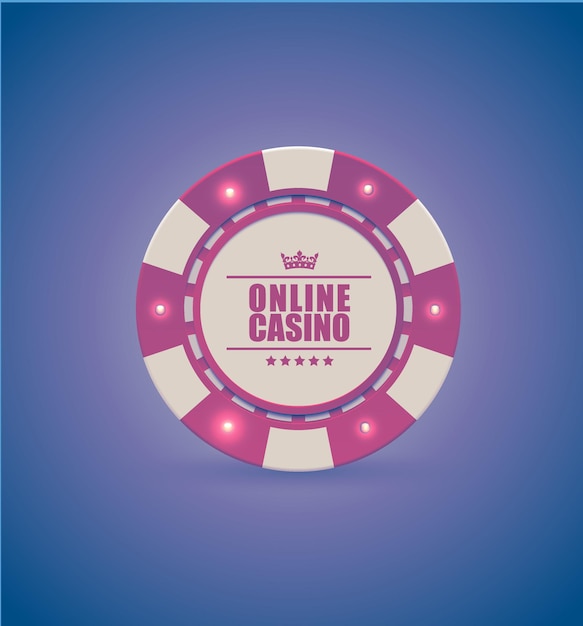 Vector red white casino poker chip with luminous light elements. Purple retro effect background. Poker club text, blackjack or online casino banner, eps 10.