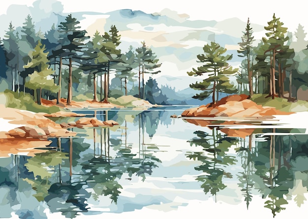 Vector reflection of beautiful pine trees in lake watercolor