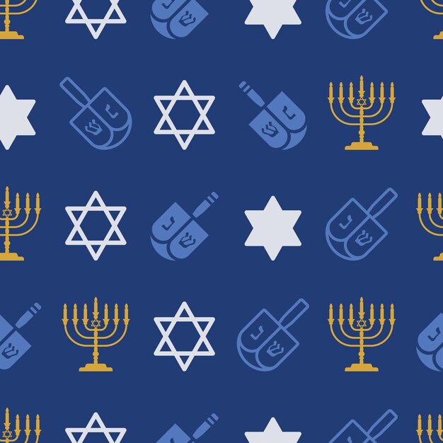 Vector vector repeat pattern with blue, golden dreidels, menorahs, star of david on a textured blue design