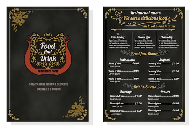 Vector restaurant brochure menu design Vector caf template with handdrawn graphic Food flyer