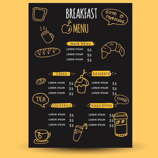 Vector restaurant menu design template with hand drawn illustrations. Breakfast menu.