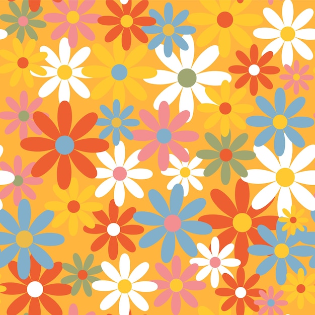 Vector retro colorful seamless pattern with daisy flowers Groovy print with chamomile flowers