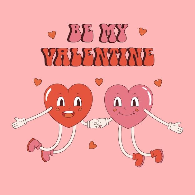 Vector retro postcard with hearts couple Be my Valentine text Valentines day poster with phrase Love and romance Funny jumping hearts y2k