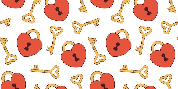 Vector retro seamless pattern with heart shaped gold key and red lock Valentines day Love and romance Background in y2k or 70s style Pattern with hearts