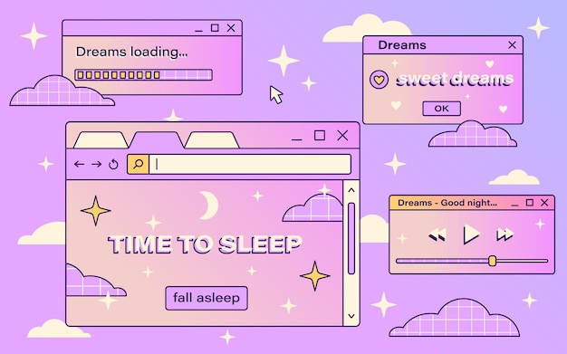 Vector retro vaporwave computer interface Cute illustration with Sweet Dreams and Good Night messages Clouds and stars Magic desktop