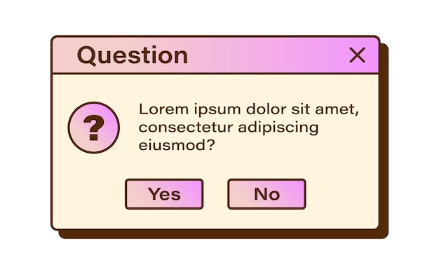 Vector retro vaporwave modal window Gradient question dialog windows Nostalgic UI Retro computer interface Question message