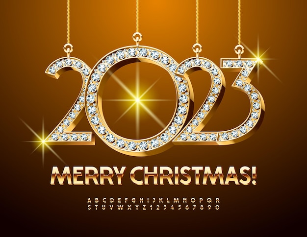 Vector rich greeting card Merry Christmas with brilliant toys 2023. Gold Font. Chic Alphabet set