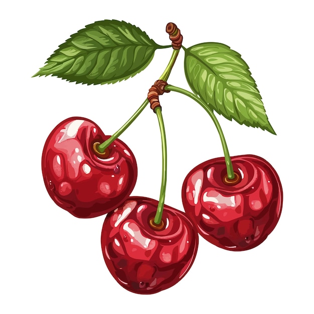 vector Ripe cherries with simple stems and green leaves