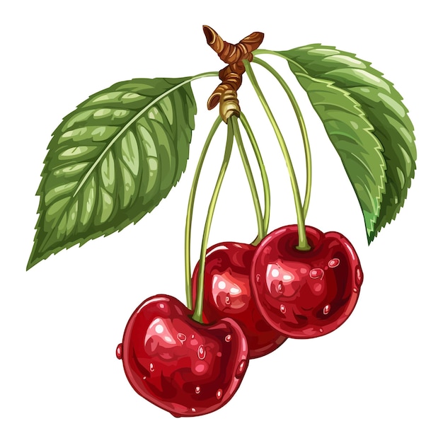 Vector vector ripe cherries with simple stems and green leaves