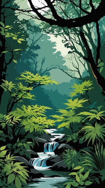 vector of a river in a forest with a waterfall in the background