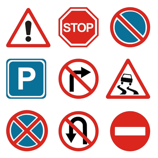 Vector road signs Danger stop parking passage closed turn prohibited Uturn prohibited etc