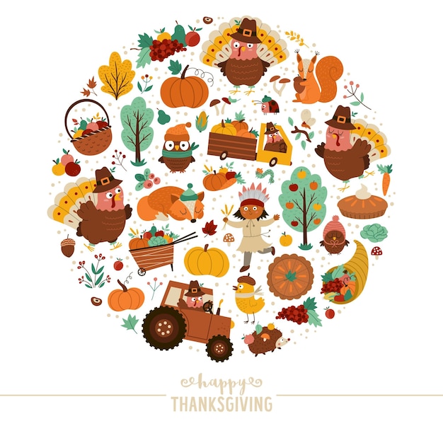 Vector round frame with comic turkey forest animals Thanksgiving elements pumpkins harvest Autumn card template design for banners posters invitations Cute fall illustrationxA