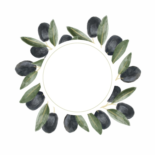 Vector round frame with watercolor olive brunch on white background