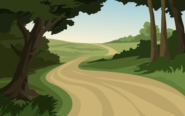 Vector rural forest nature landscape with road and meadow