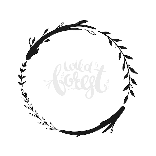 Vector rustic wreath Round floral wreath with sticks and leaves