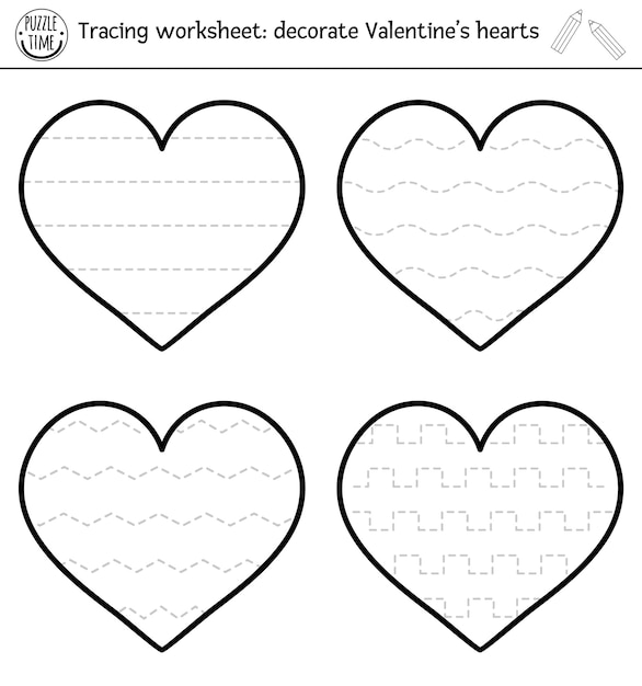 Vector Saint Valentine handwriting practice worksheet. February printable black and white activity for pre-school children. Educational tracing game for writing skills. Decorate Valentine hearts