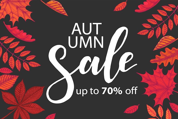 Vector Sale Autumn banner. Lettering. Sketch. Hand drawn colored leaves maple, birch, chestnut, acorn, ash tree, oak. Engraving illustration.Special Offer, up to 70% off. Lettering. Advertising