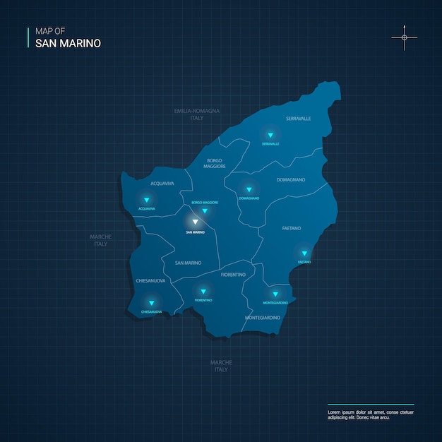 Vector San Marino map illustration with blue neon light points