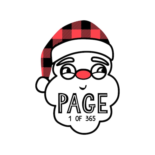 Vector Santa Claus illustration with hat, beard and glasses. Buffalo plaid. Cute Christmas design isolated on white for greeting cards, t-shirt print, mugs. Funny character. Cartoon portrait.