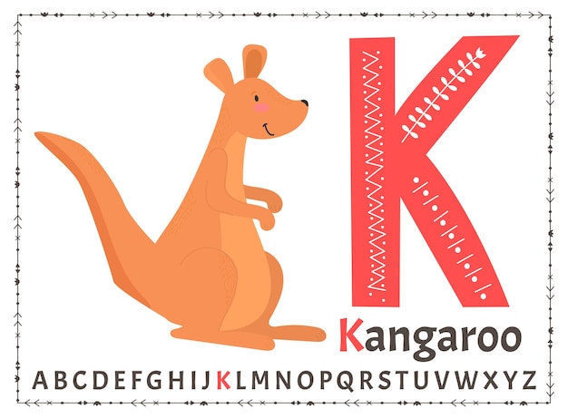 Vector Scandinavian alphabet Cartoon kids alphabet Hand drawn design to learn letters Excellent for the design of postcards posters stickers and so on K kangaroo