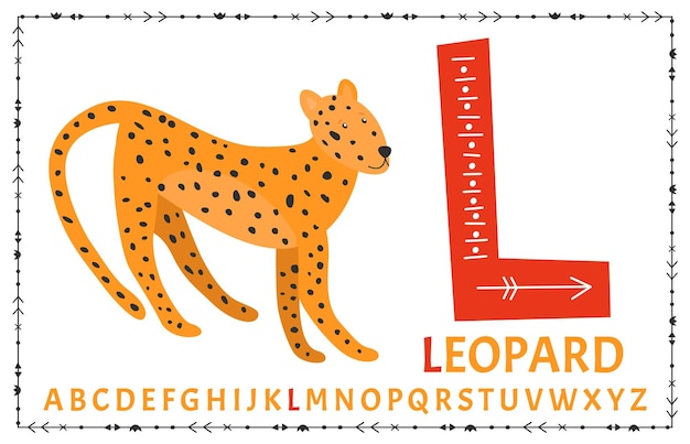 Vector Scandinavian alphabet Cartoon kids alphabet Hand drawn design to learn letters Excellent for the design of postcards posters stickers and so on L Leopard