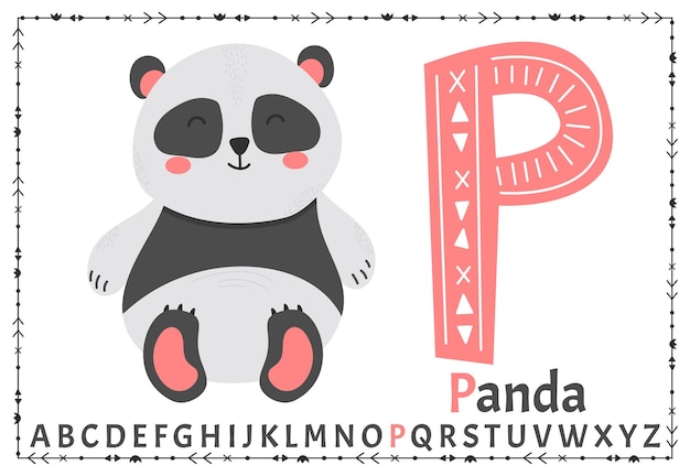 Vector Scandinavian alphabet Cartoon kids alphabet Hand drawn design to learn letters Excellent for the design of postcards posters stickers and so on P panda