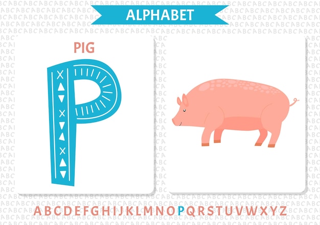 Vector Scandinavian alphabet Cartoon kids alphabet Hand drawn design to learn letters Excellent for the design of postcards posters stickers and so on P Pig