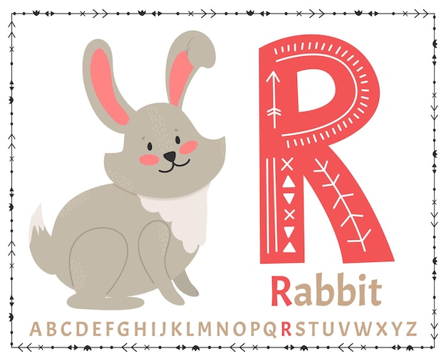 Vector Scandinavian alphabet Cartoon kids alphabet Hand drawn design to learn letters Excellent for the design of postcards posters stickers and so on R Rabbit