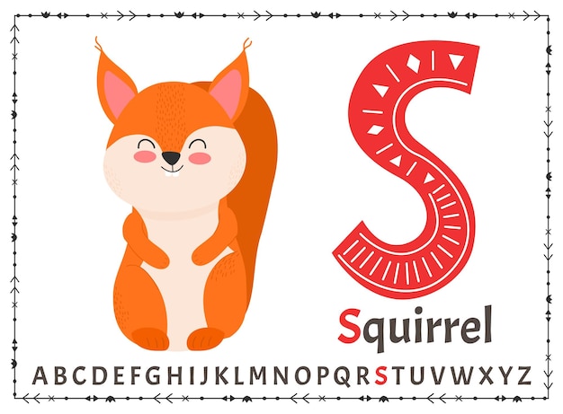 Vector Scandinavian alphabet Cartoon kids alphabet Hand drawn design to learn letters Excellent for the design of postcards posters stickers and so on S Squirrel