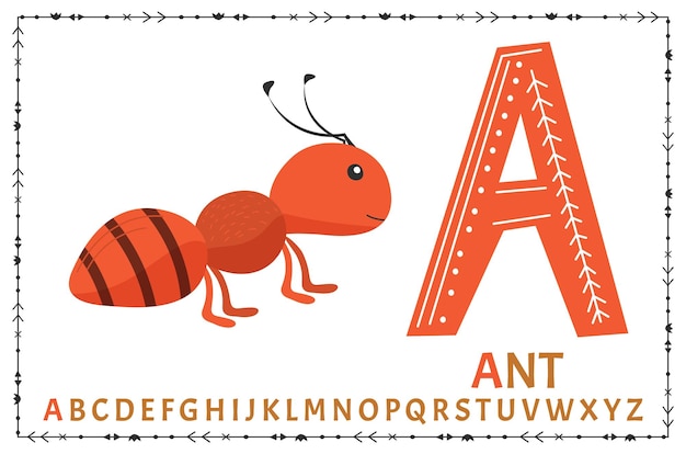 Vector Scandinavian alphabet Cartoon kids alphabet Hand drawn popular design to learn letters Excellent for the design of postcards posters stickers and so on A Ant