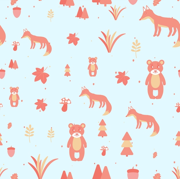 Vector Scandinavian pattern. Animals, fox, bear, wigwam, mountains, ascetic