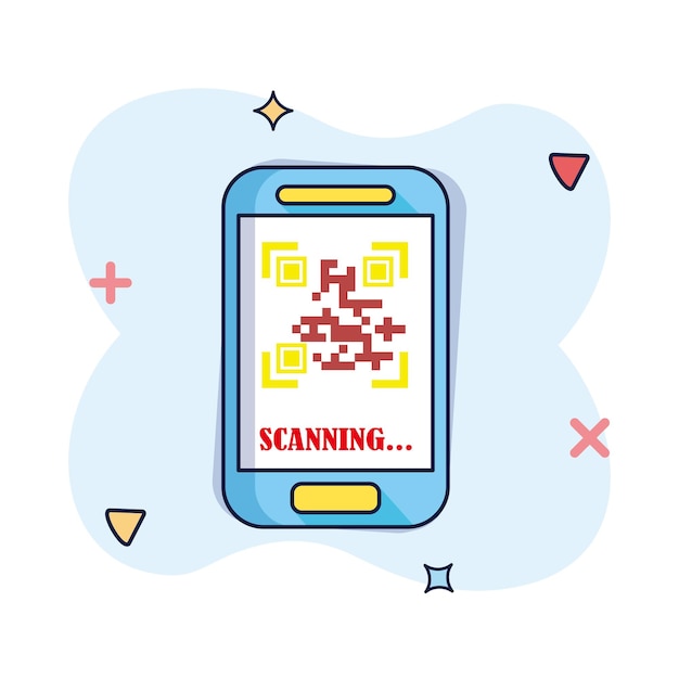 Vector scanning barcode in phone cartoon illustration icon in comic style