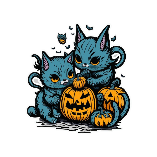 Vector scary colorful cat cartoon with pumpkin t shirt design